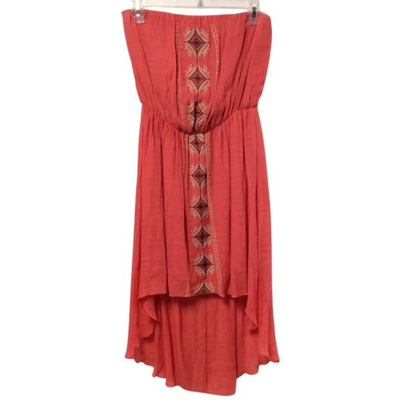NWT Coral Embroidered Print High-Low Hem Cinched Waist Strapless Boho Midi Dress - Picture 7 of 10